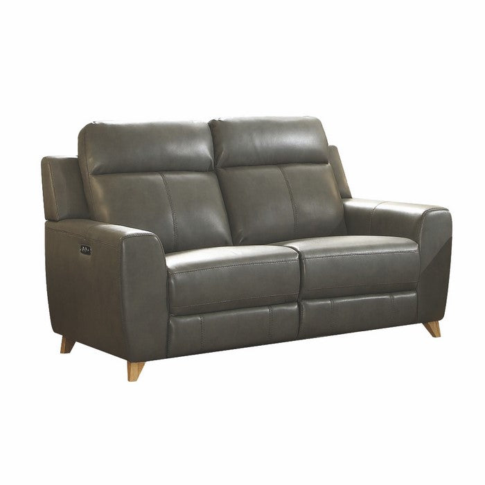Power Reclining Leatherette Loveseat with Angled Tapered Legs, Gray