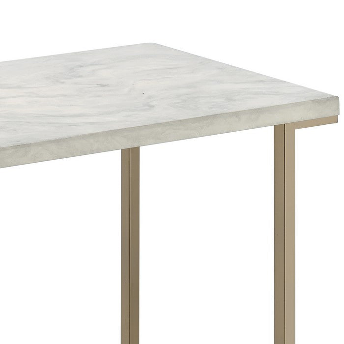Contemporary Metal Frame Sofa Table with Faux Marble Top ,White and Gold