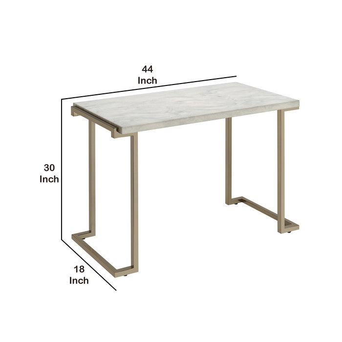 Contemporary Metal Frame Sofa Table with Faux Marble Top ,White and Gold