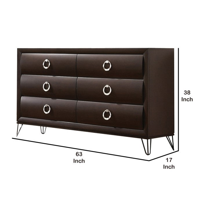 6 Drawer Wooden Dresser with Metal Ring Handles and Harpin Legs, Brown