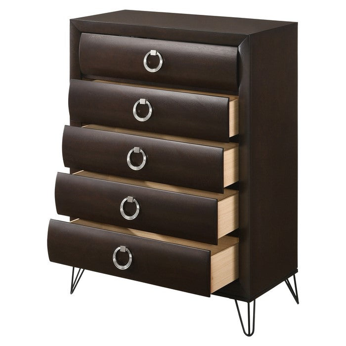 5 Drawer Wooden Chest with Metal Ring Handles and Harpin Legs, Brown