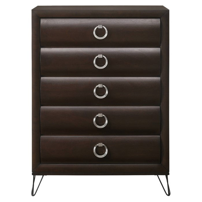 5 Drawer Wooden Chest with Metal Ring Handles and Harpin Legs, Brown