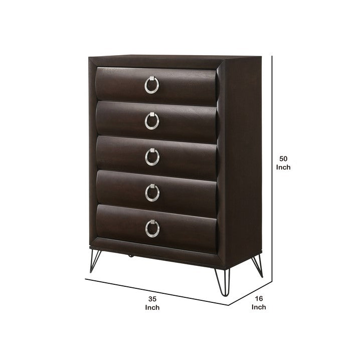 5 Drawer Wooden Chest with Metal Ring Handles and Harpin Legs, Brown