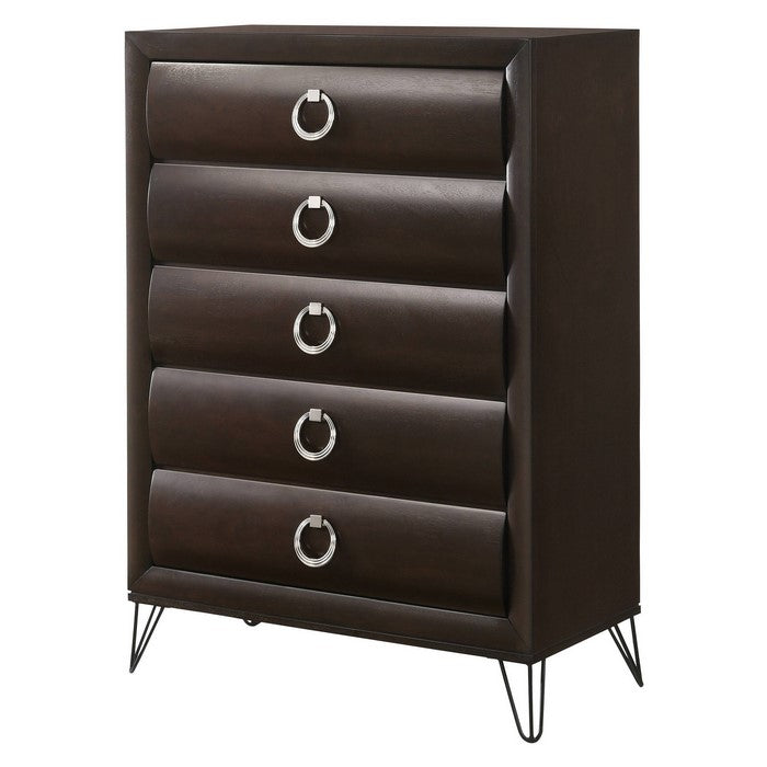 5 Drawer Wooden Chest with Metal Ring Handles and Harpin Legs, Brown