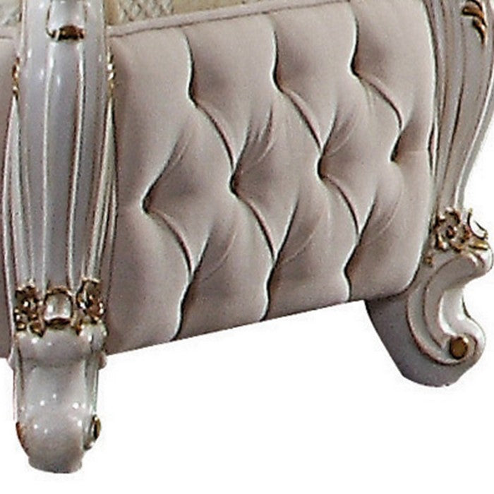 Wooden Vanity Stool with Button Tufting and Carved Details, White