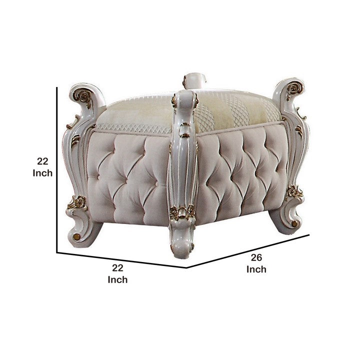 Wooden Vanity Stool with Button Tufting and Carved Details, White