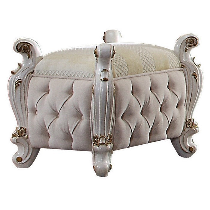 Wooden Vanity Stool with Button Tufting and Carved Details, White