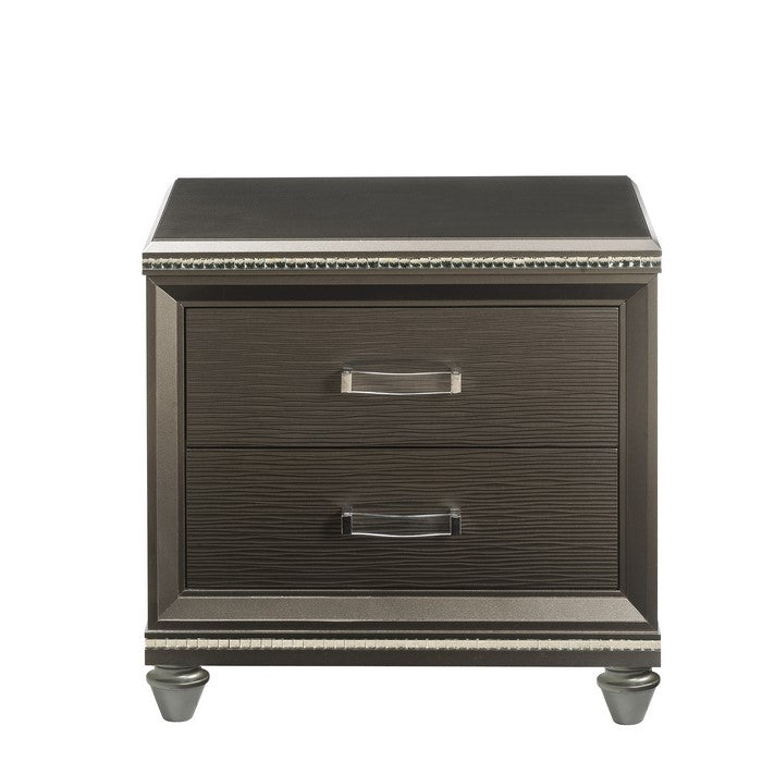 Contemporary 2 Drawer Wooden Nightstand with Mirror Trim Details, Brown