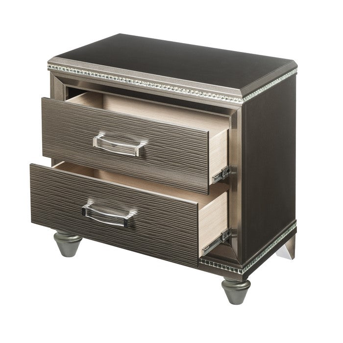 Contemporary 2 Drawer Wooden Nightstand with Mirror Trim Details, Brown