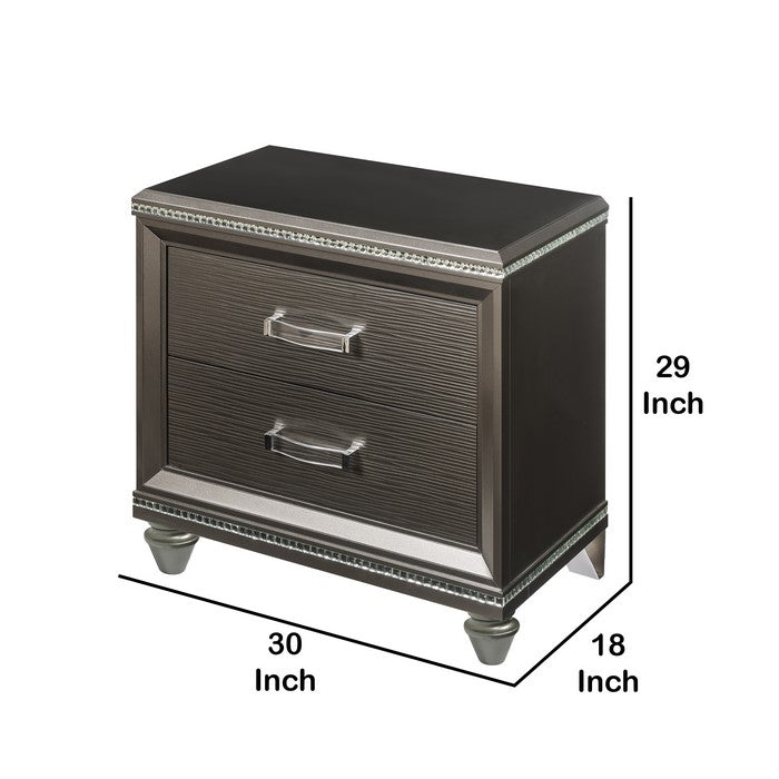 Contemporary 2 Drawer Wooden Nightstand with Mirror Trim Details, Brown