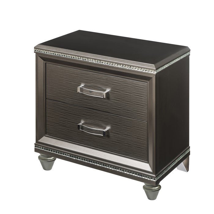 Contemporary 2 Drawer Wooden Nightstand with Mirror Trim Details, Brown