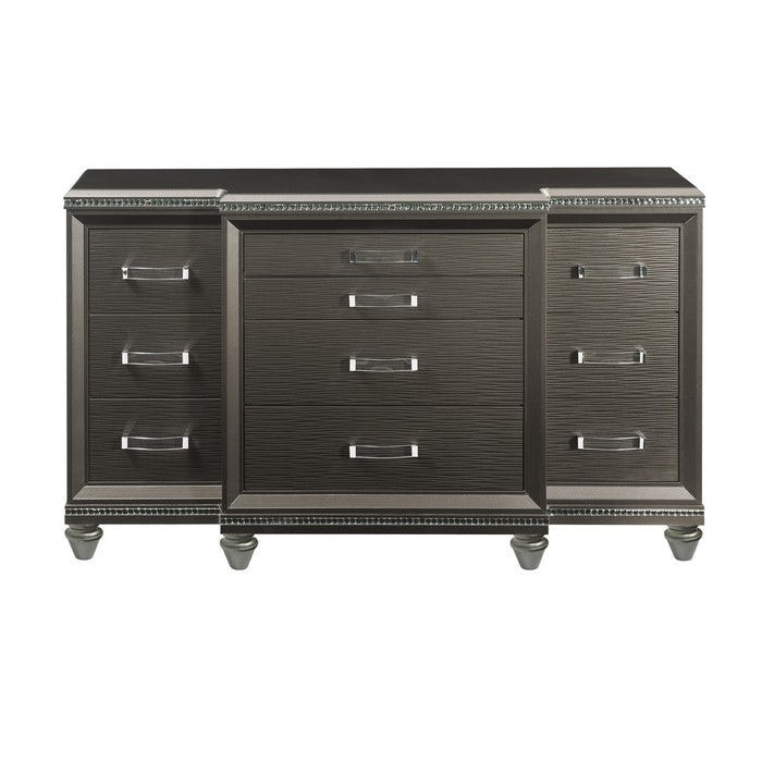 Contemporary 10 Drawer Wooden Dresser with Mirror Trim Details, Brown