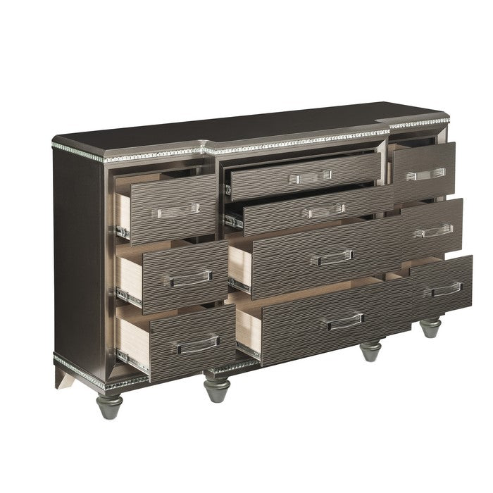 Contemporary 10 Drawer Wooden Dresser with Mirror Trim Details, Brown