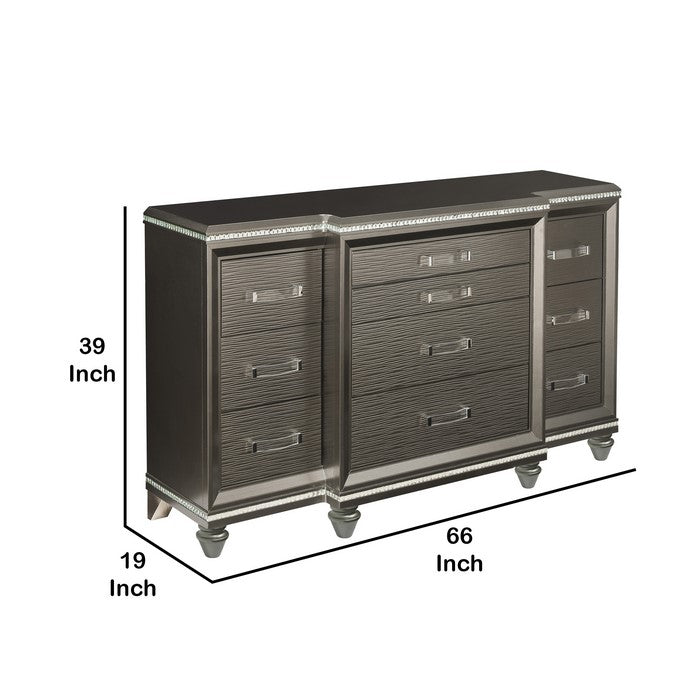 Contemporary 10 Drawer Wooden Dresser with Mirror Trim Details, Brown