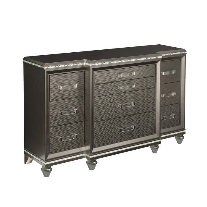 Contemporary 10 Drawer Wooden Dresser with Mirror Trim Details, Brown