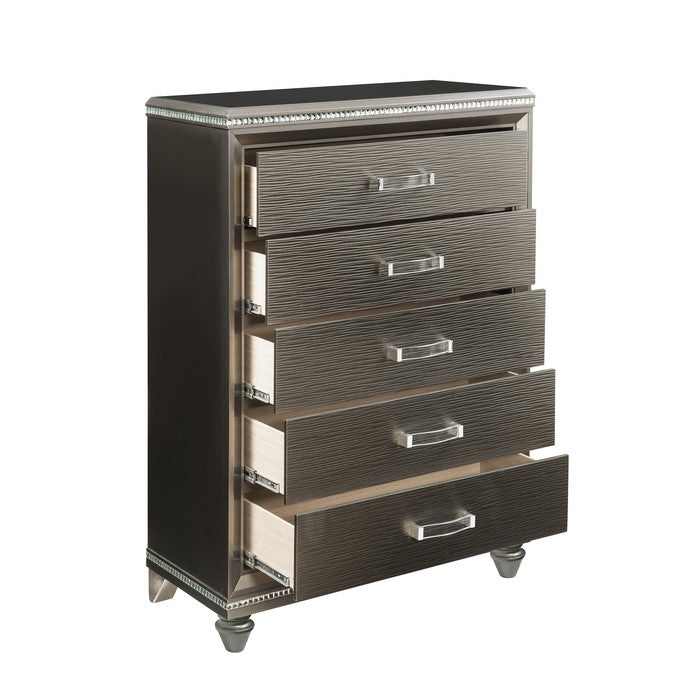Contemporary 5 Drawer Wooden Chest with Mirror Trim Details, Brown