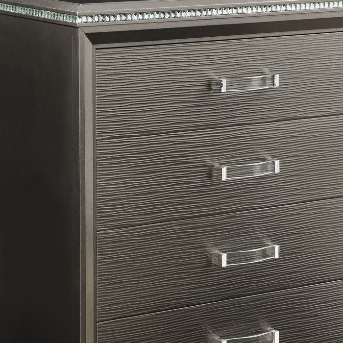 Contemporary 5 Drawer Wooden Chest with Mirror Trim Details, Brown