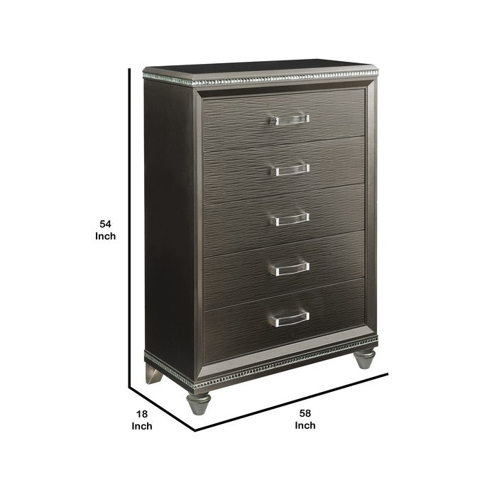 Contemporary 5 Drawer Wooden Chest with Mirror Trim Details, Brown