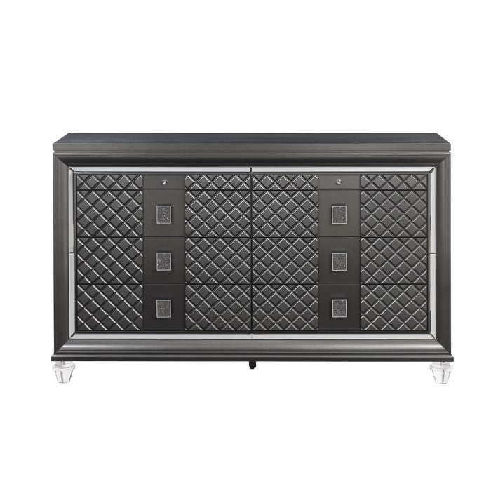 8 Drawer Wooden Dresser with Mirror Accents and Diamond Pattern, Black