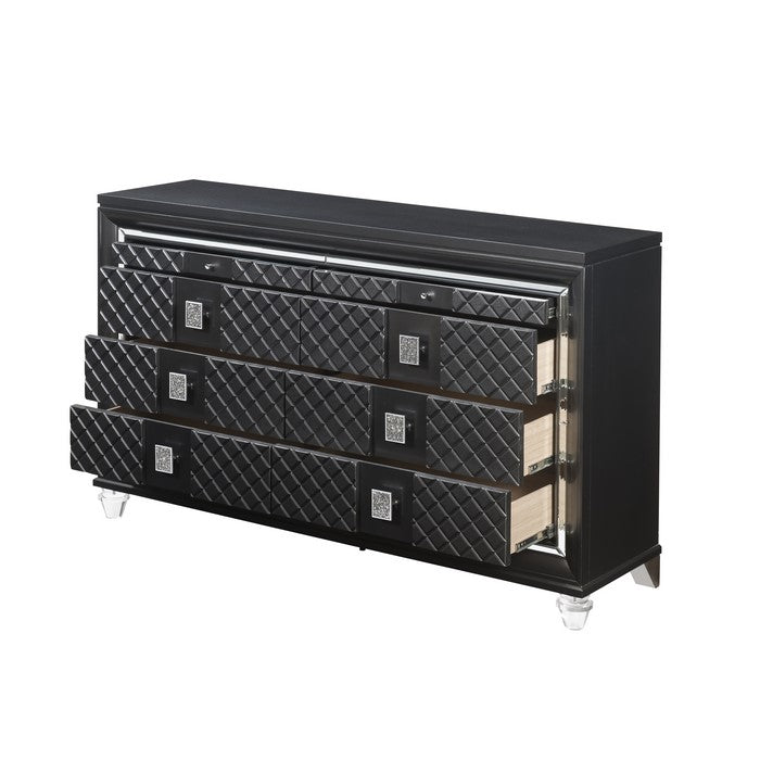 8 Drawer Wooden Dresser with Mirror Accents and Diamond Pattern, Black