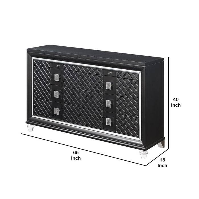 8 Drawer Wooden Dresser with Mirror Accents and Diamond Pattern, Black