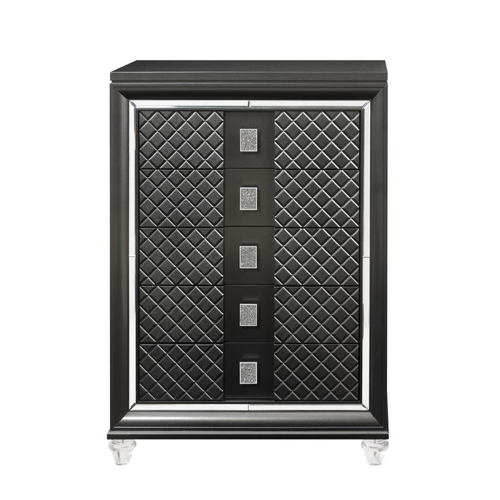 5 Drawer Wooden Chest with Mirror Accents and Diamond Pattern, Black