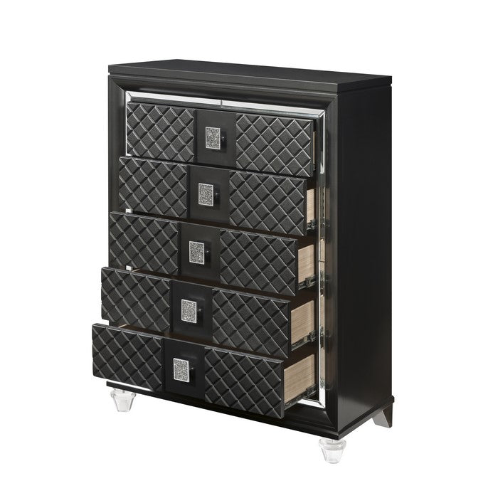 5 Drawer Wooden Chest with Mirror Accents and Diamond Pattern, Black