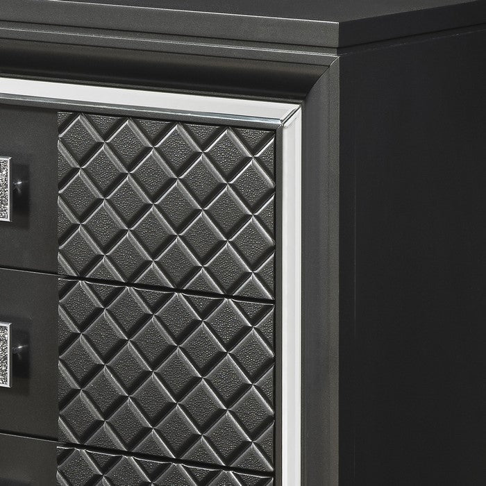 5 Drawer Wooden Chest with Mirror Accents and Diamond Pattern, Black