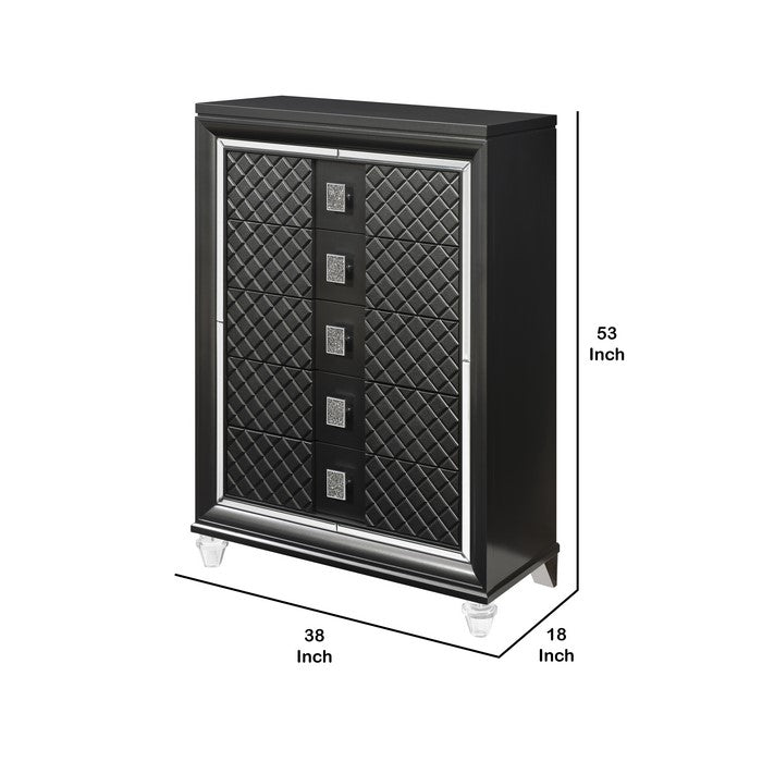 5 Drawer Wooden Chest with Mirror Accents and Diamond Pattern, Black