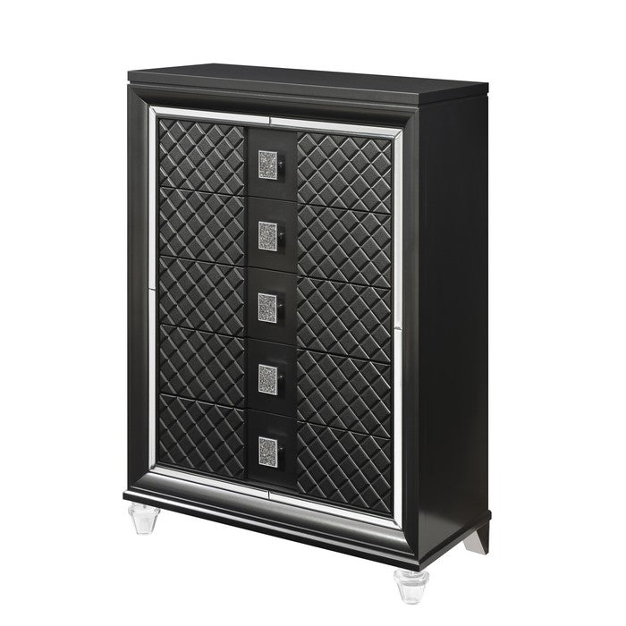 5 Drawer Wooden Chest with Mirror Accents and Diamond Pattern, Black