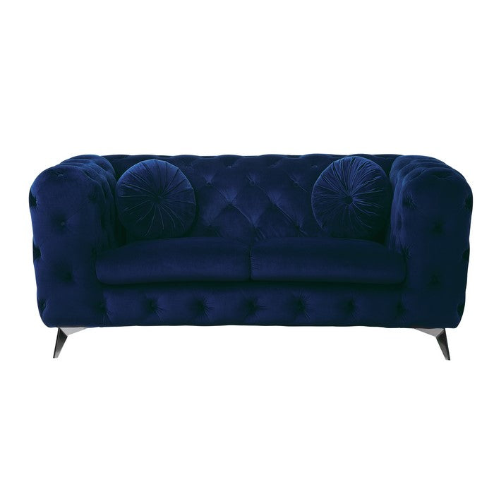 Fabric Loveseat with Chesterfield Design and Angled Metal Legs, Blue