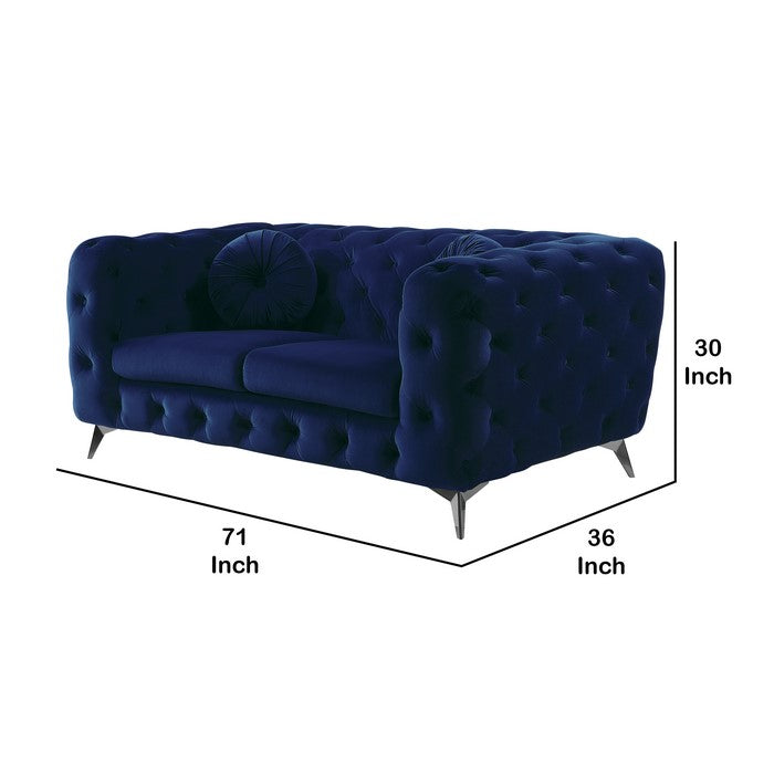 Fabric Loveseat with Chesterfield Design and Angled Metal Legs, Blue