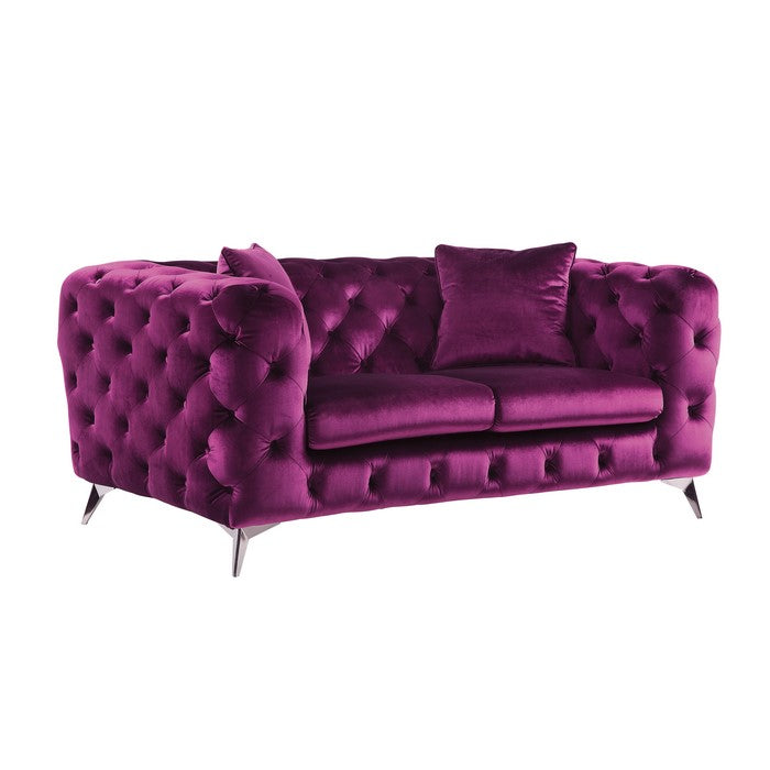 Fabric Loveseat with Chesterfield Design and Angled Metal Legs, Pink