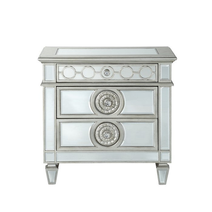 Mirror Accented Wooden Nightstand with 3 Storage Drawers, Silver