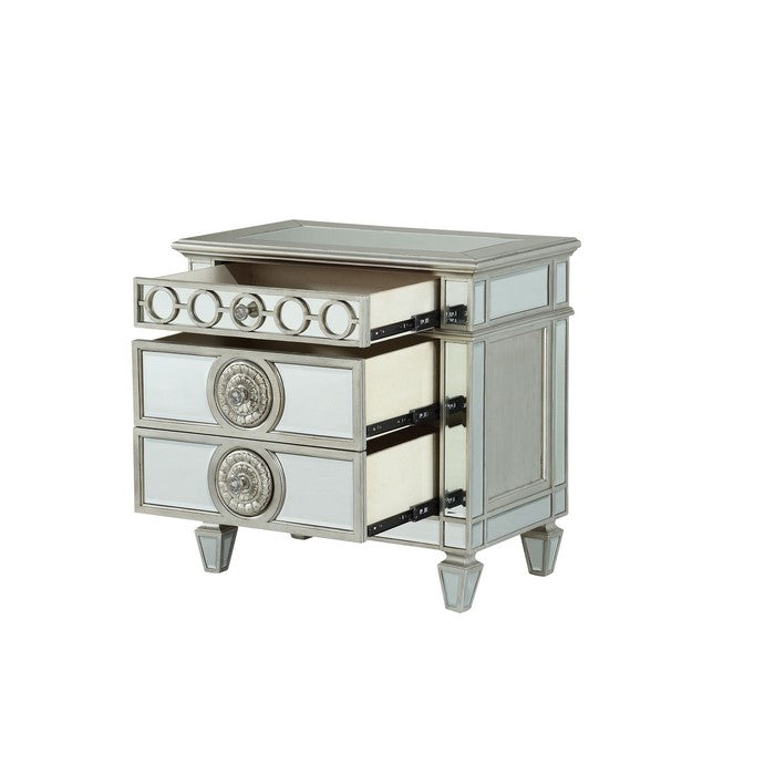 Mirror Accented Wooden Nightstand with 3 Storage Drawers, Silver