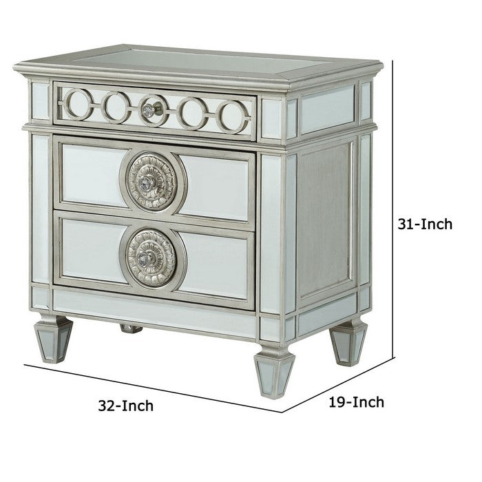 Mirror Accented Wooden Nightstand with 3 Storage Drawers, Silver