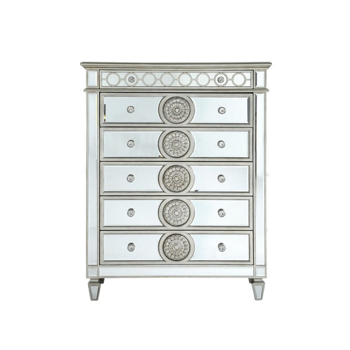 Mirror Accented Chest with 6 Sunburst Motif Storage Drawers, Silver