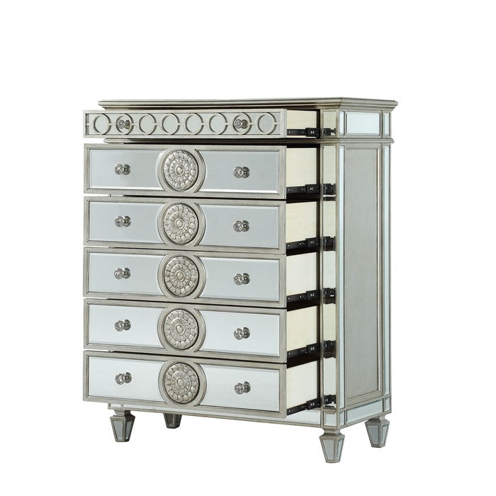 Mirror Accented Chest with 6 Sunburst Motif Storage Drawers, Silver