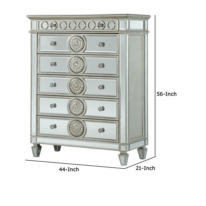 Mirror Accented Chest with 6 Sunburst Motif Storage Drawers, Silver