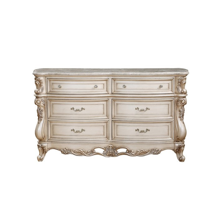 Carved Wooden Dresser with 6 Storage Drawers and Marble Top, Antique White