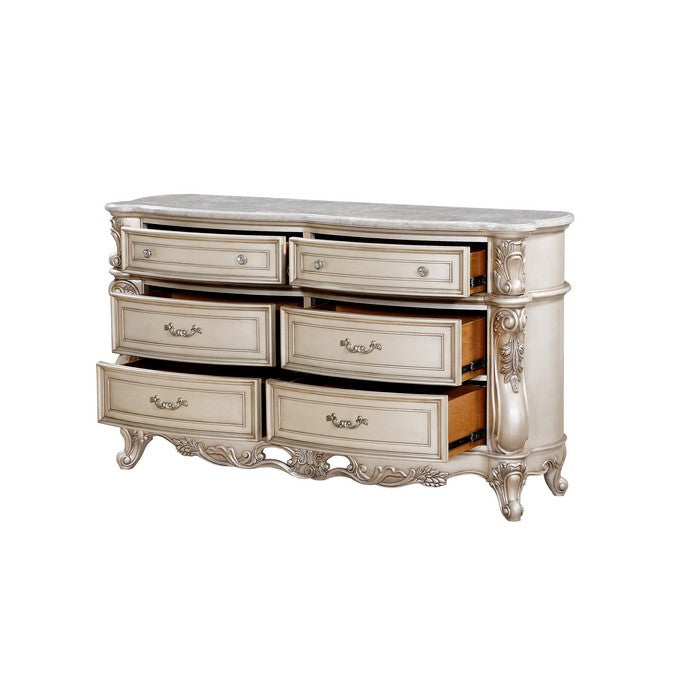 Carved Wooden Dresser with 6 Storage Drawers and Marble Top, Antique White