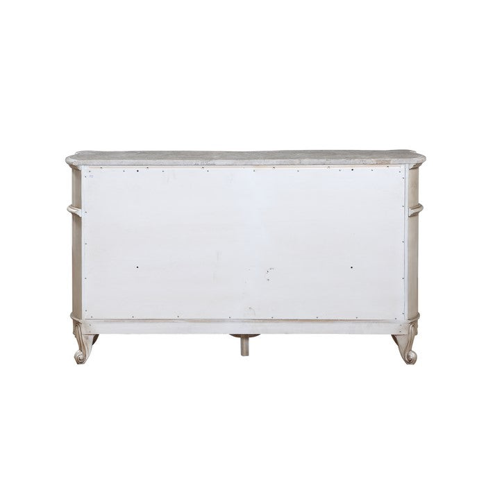 Carved Wooden Dresser with 6 Storage Drawers and Marble Top, Antique White