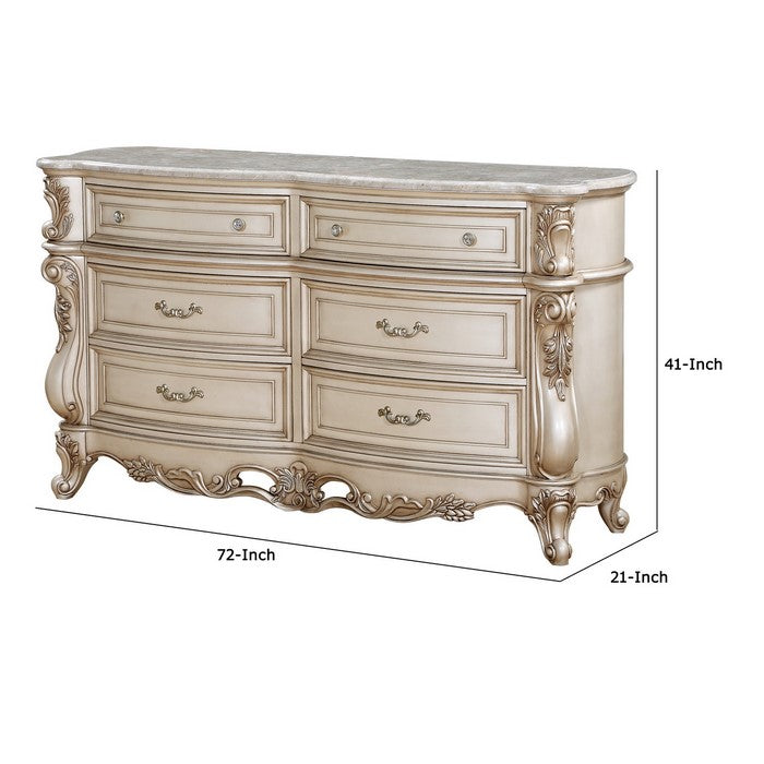 Carved Wooden Dresser with 6 Storage Drawers and Marble Top, Antique White