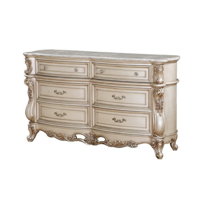 Carved Wooden Dresser with 6 Storage Drawers and Marble Top, Antique White