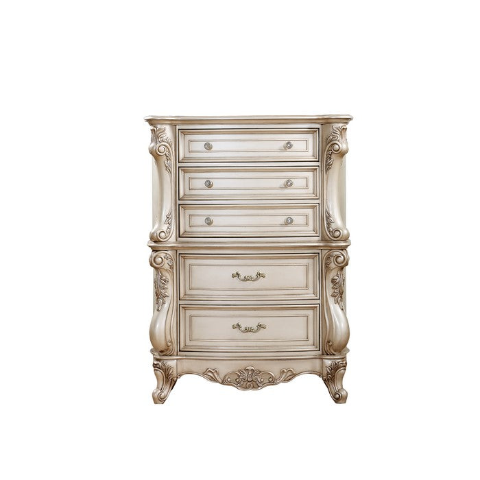 Carved Wooden Chest with 5 Storage Drawers and Marble Top, Antique White