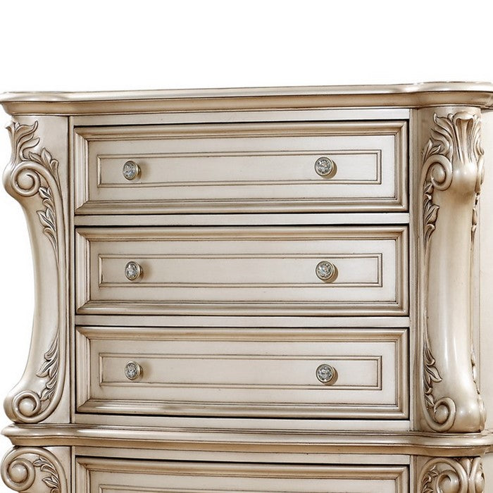 Carved Wooden Chest with 5 Storage Drawers and Marble Top, Antique White