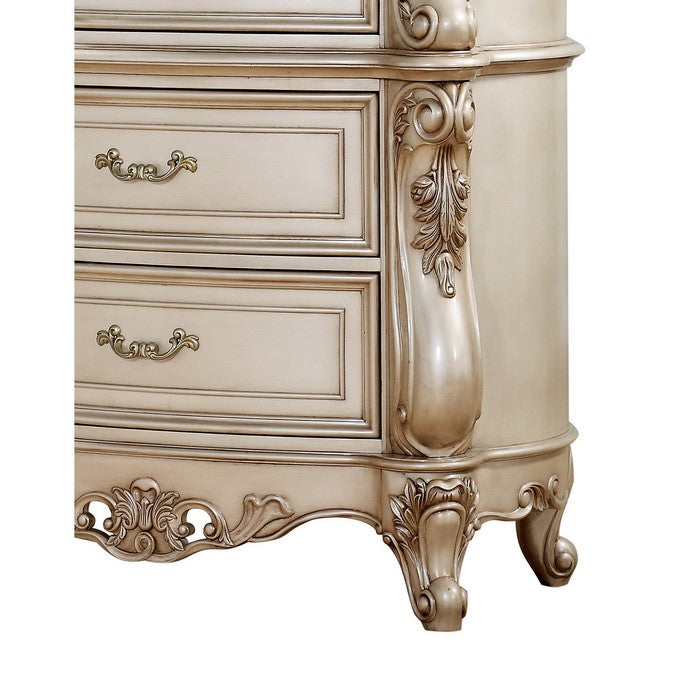 Carved Wooden Chest with 5 Storage Drawers and Marble Top, Antique White