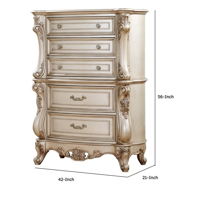 Carved Wooden Chest with 5 Storage Drawers and Marble Top, Antique White