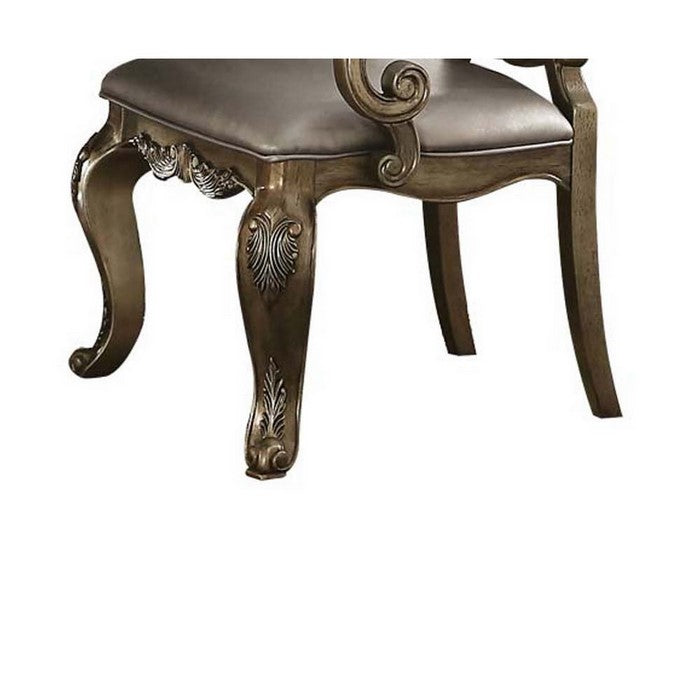 Wood and Fabric Dining Chairs with Armrests, Set of 2, Brown and Champagne