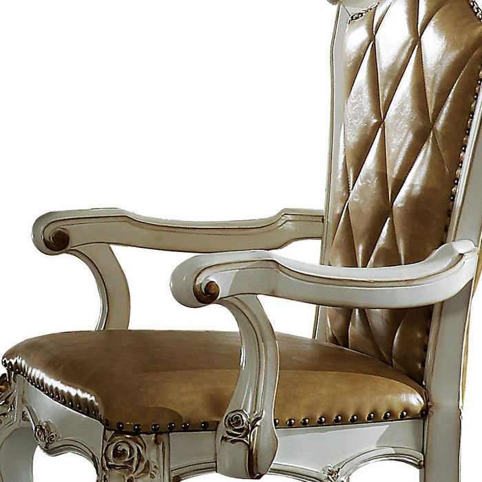 Wood and Leather Dining Chairs with Armrests, Set of 2, White and Brown